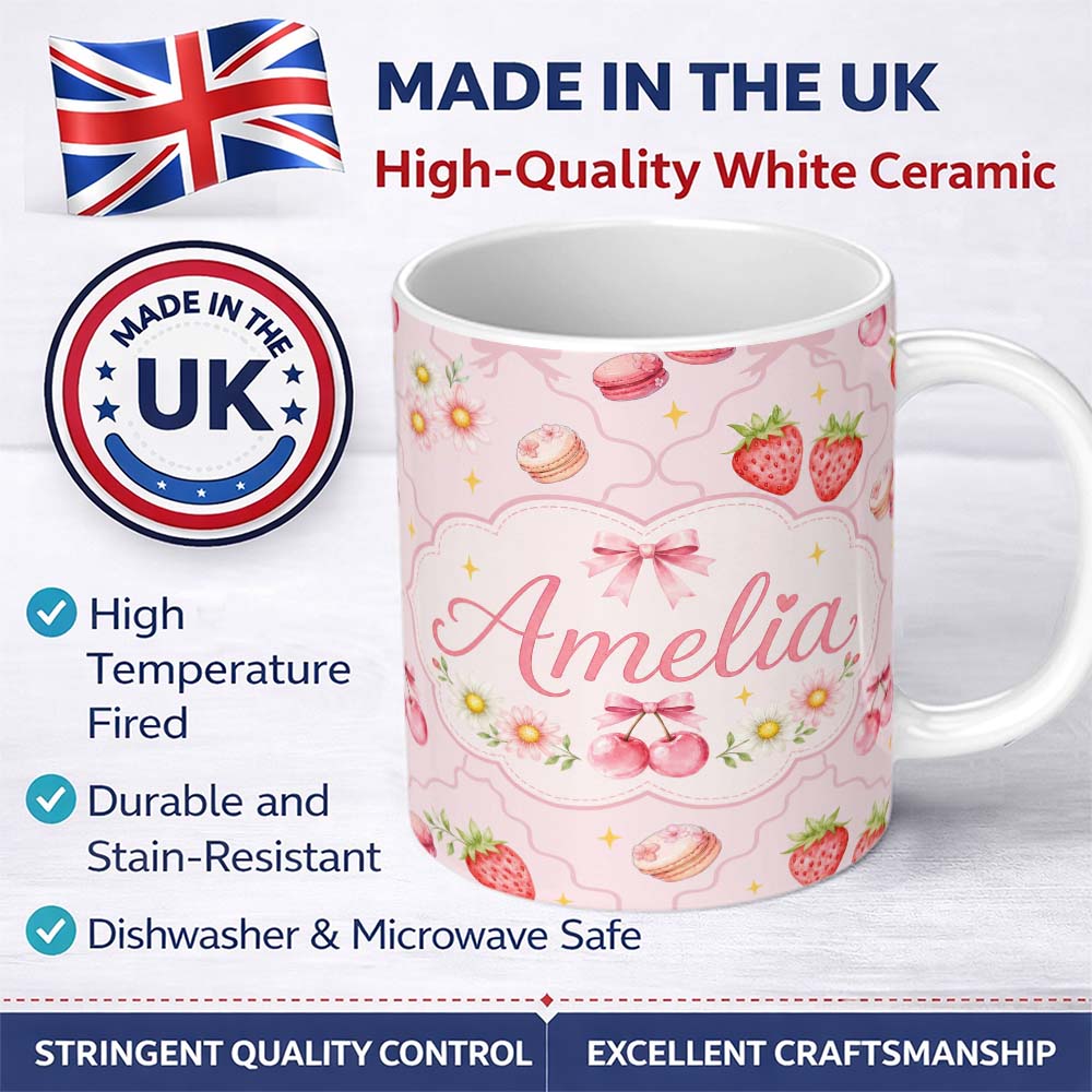 Personalized Custom Name Cute Strawberry Cherry Daisy Floral Bow Sweet Dessert Warm Cream 11oz Ceramic Coffee Tea Mug White Large Handle