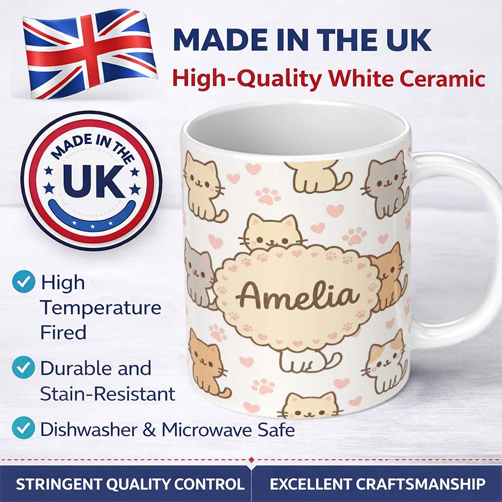 Personalized Custom Name Cute Kitten Hearts Cartoon Animal Pattern Charming Kitchen Decor 11oz Ceramic Coffee Tea Mug White Large Handle