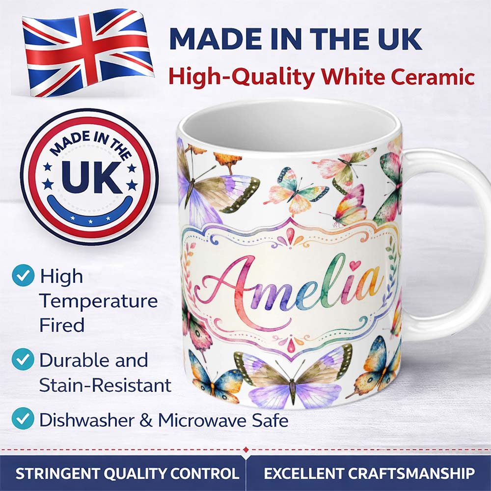 Personalized Custom Name Colorful Watercolor Butterflies on White Background Seamless 11oz Ceramic Coffee Tea Mug White Large Handle