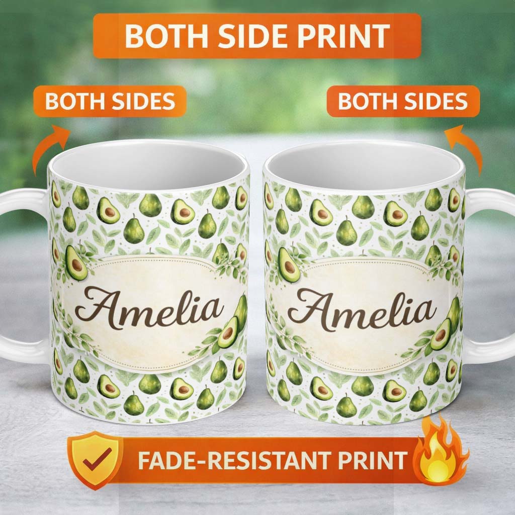 Personalized Custom Name Watercolor Avocado Botanical Pattern Perfect Gift for Her Lovely 11oz Ceramic Coffee Tea Mug White Large Handle