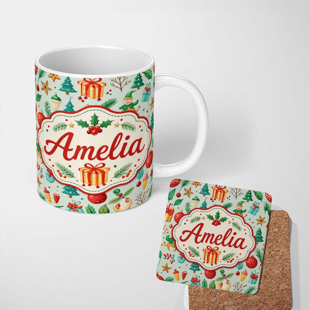 Personalized Custom Name Watercolor Christmas Tree Ornament Elf Gift Seamless Pattern Lovely 11oz Ceramic Coffee Tea Mug White Large Handle