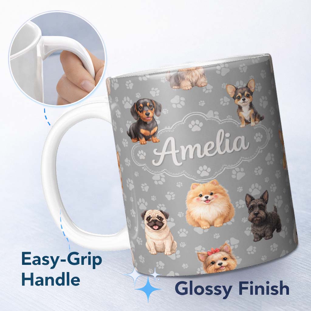 Personalized Custom Name Cute Dog Breeds Paw Print Seamless Pattern on Grey Background Lovely 11oz Ceramic Coffee Tea Mug White Large Handle