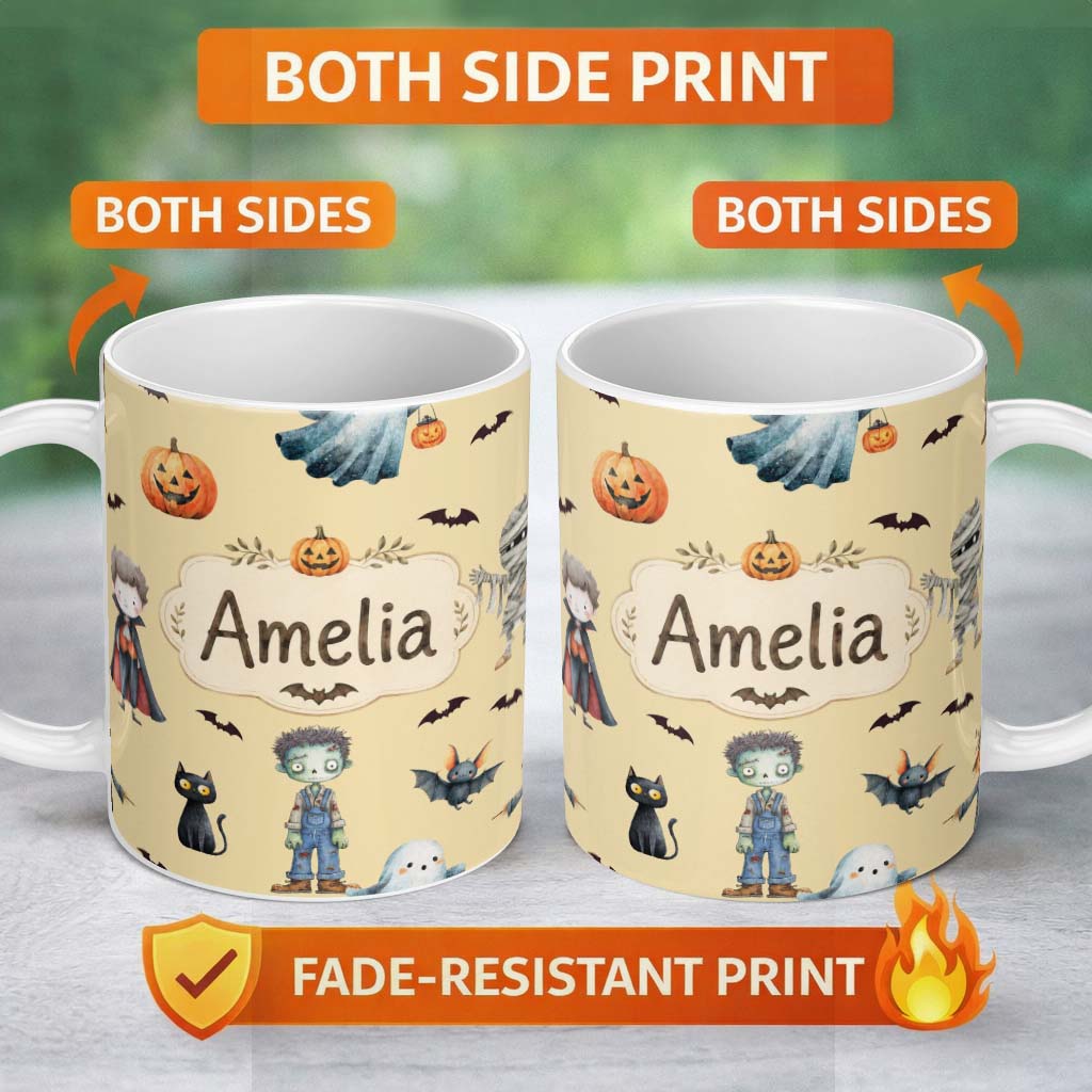 Personalized Custom Name Halloween Zombie Mummy Vampire Bat Spooky Cream Seamless Pattern 11oz Ceramic Coffee Tea Mug White Large Handle