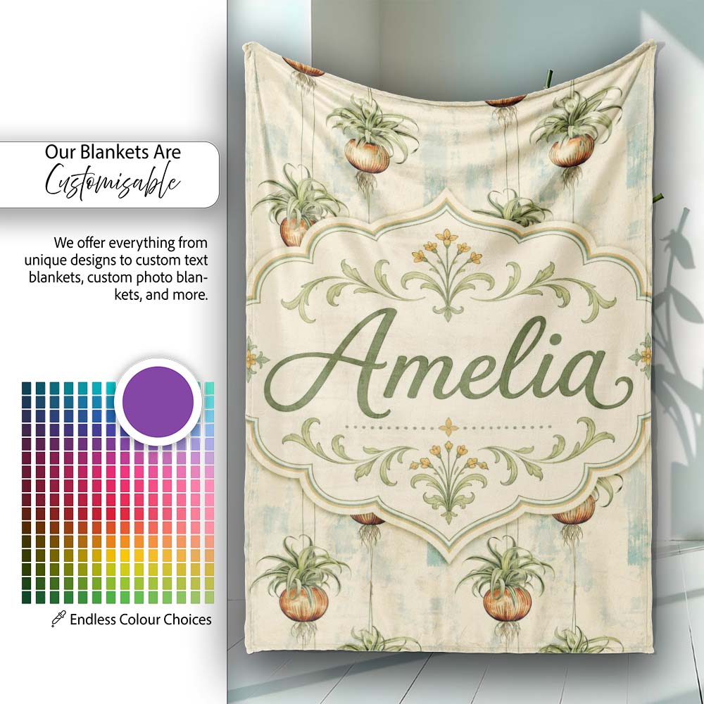 Rustic Hanging Plant Pots Textured Background Seamless Pattern Personalised Custom Name Super Soft Fleece Blanket Bed Sofa Throw
