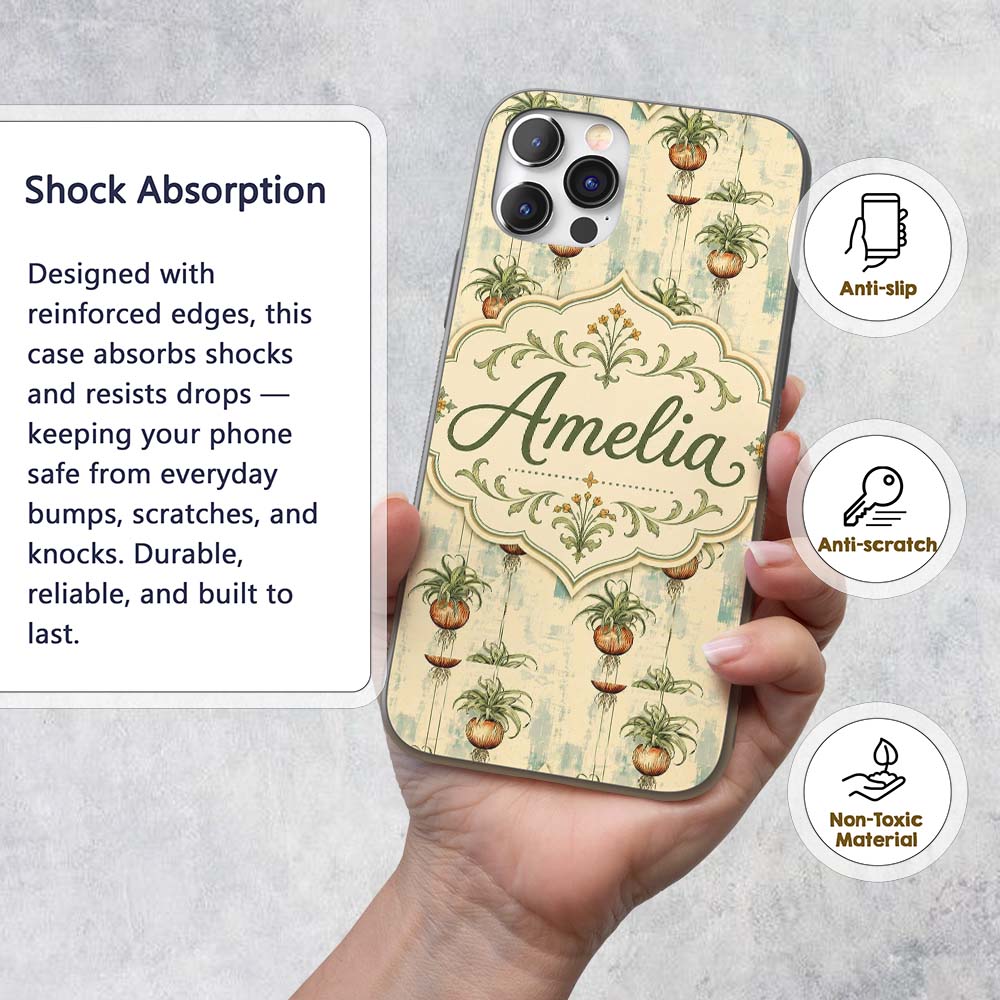 Rustic Hanging Plant Pots Textured Background Custom Name Protective Phone Case Mobile Cover Durable Everyday Smartphone Shock Resistant