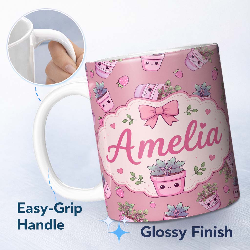 Personalized Custom Name Cute Pink Plant Pots Leaves Strawberry Seamless Pattern Rose Lovely 11oz Ceramic Coffee Tea Mug White Large Handle