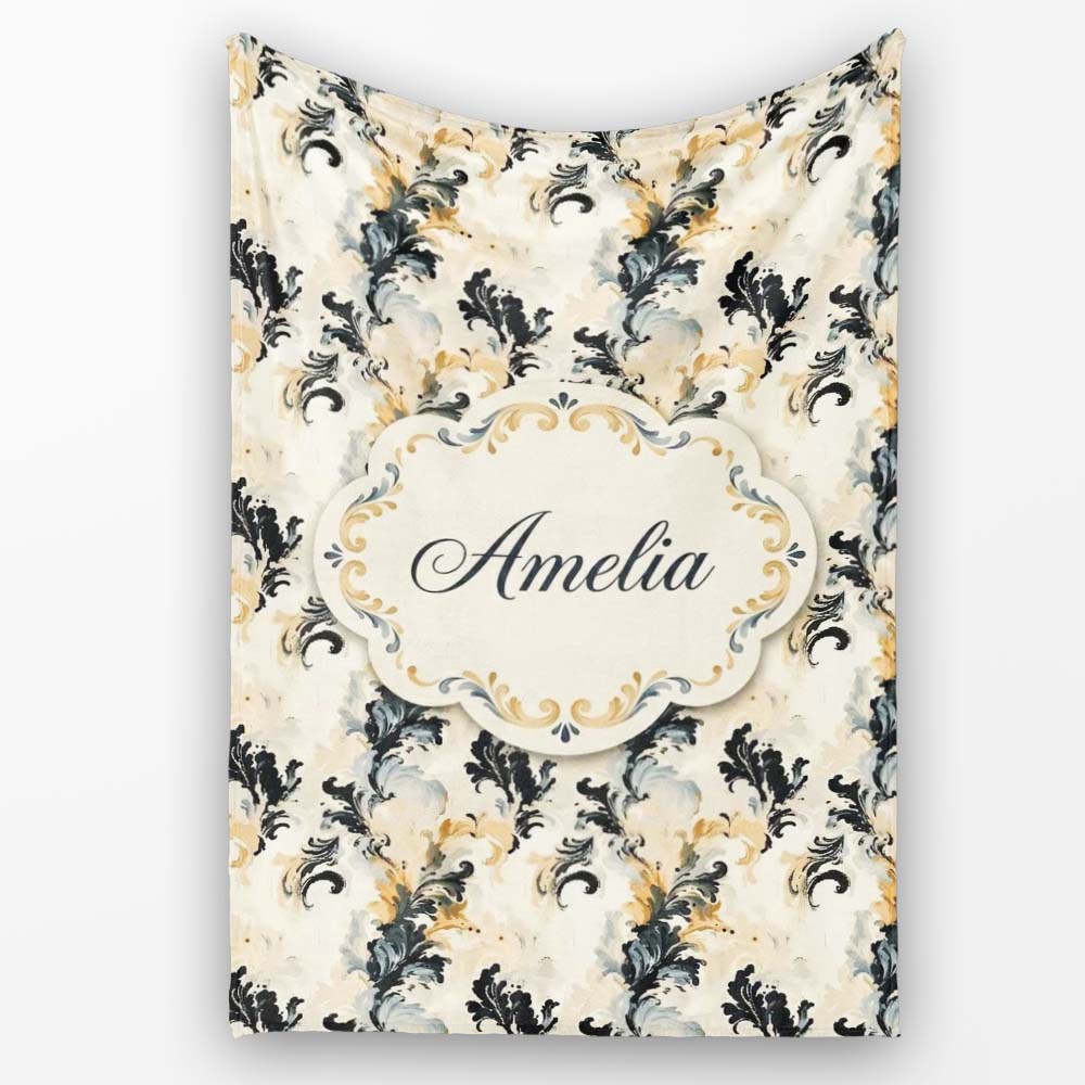 Classic Beige Black Ornamental Damask Seamless Pattern Vintage Personalised Custom Name Super Soft Fleece Blanket Bed Sofa Throw
