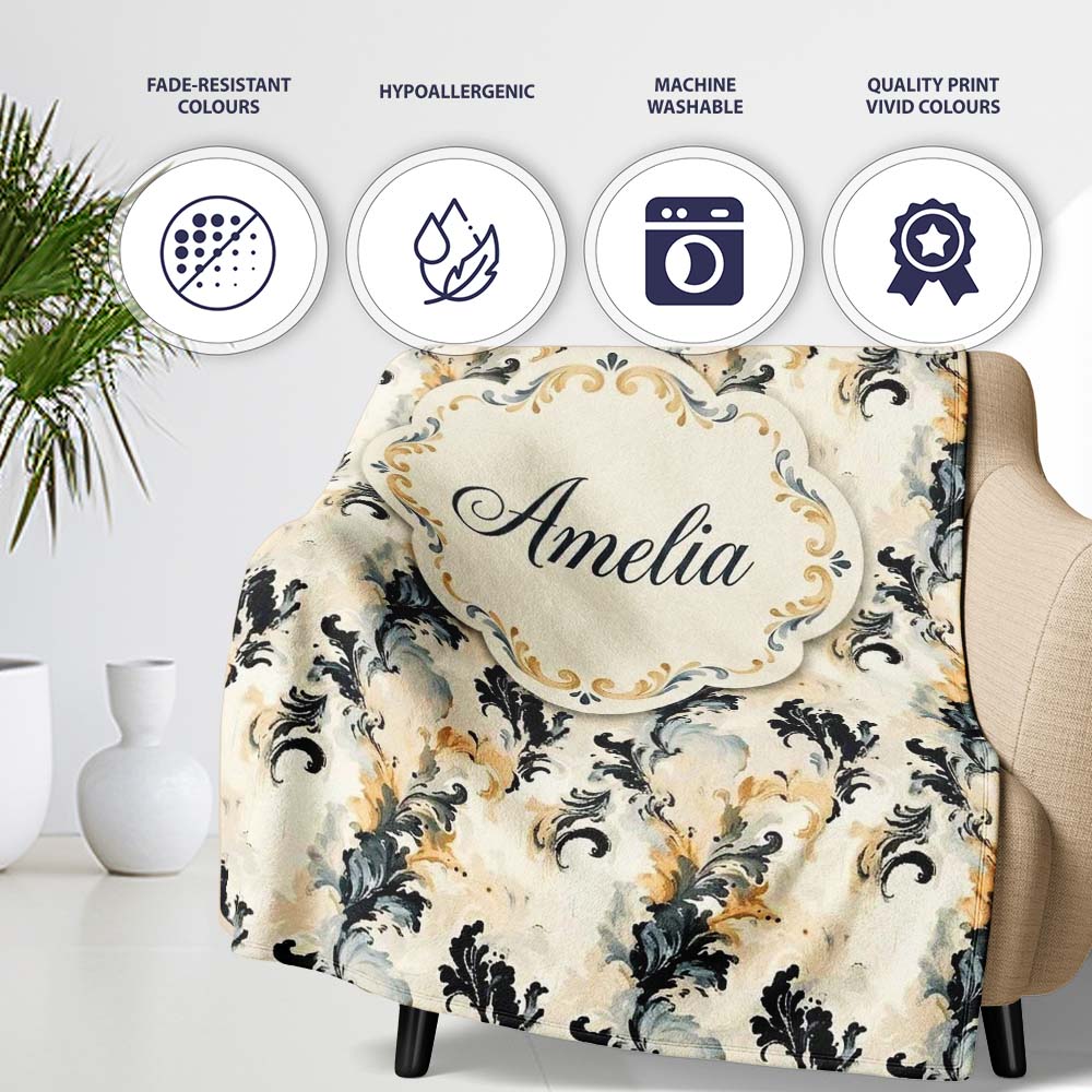 Classic Beige Black Ornamental Damask Seamless Pattern Vintage Personalised Custom Name Super Soft Fleece Blanket Bed Sofa Throw
