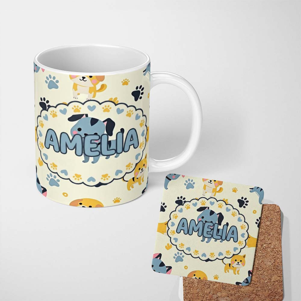 Personalized Custom Name Cute Cartoon Puppies and Paw Prints Kawaii Style Seamless Pattern 11oz Ceramic Coffee Tea Mug White Large Handle