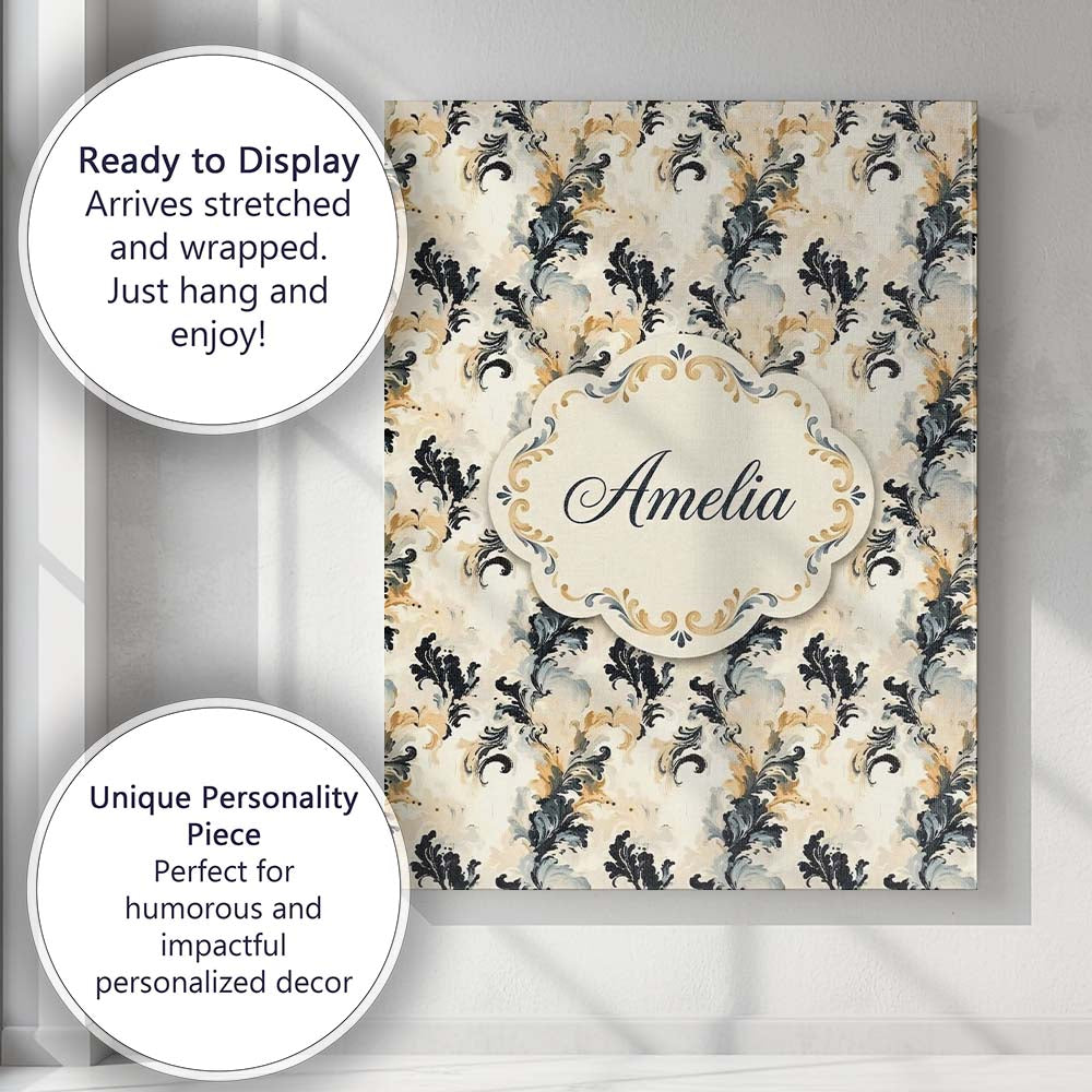 Personalised Name Classic Beige Black Ornamental Damask Seamless Custom Interior Canvas Wall Art Print Decor Picture Ready to Hang