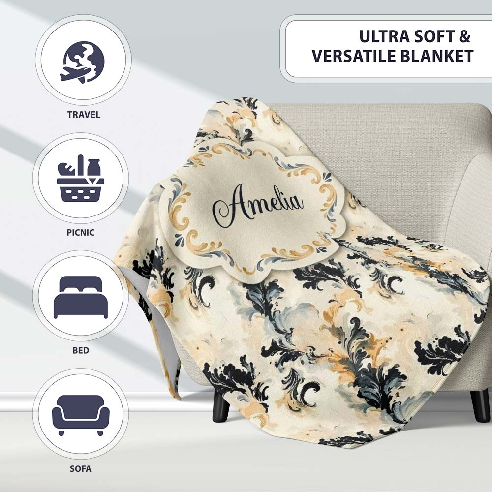 Classic Beige Black Ornamental Damask Seamless Pattern Vintage Personalised Custom Name Super Soft Fleece Blanket Bed Sofa Throw