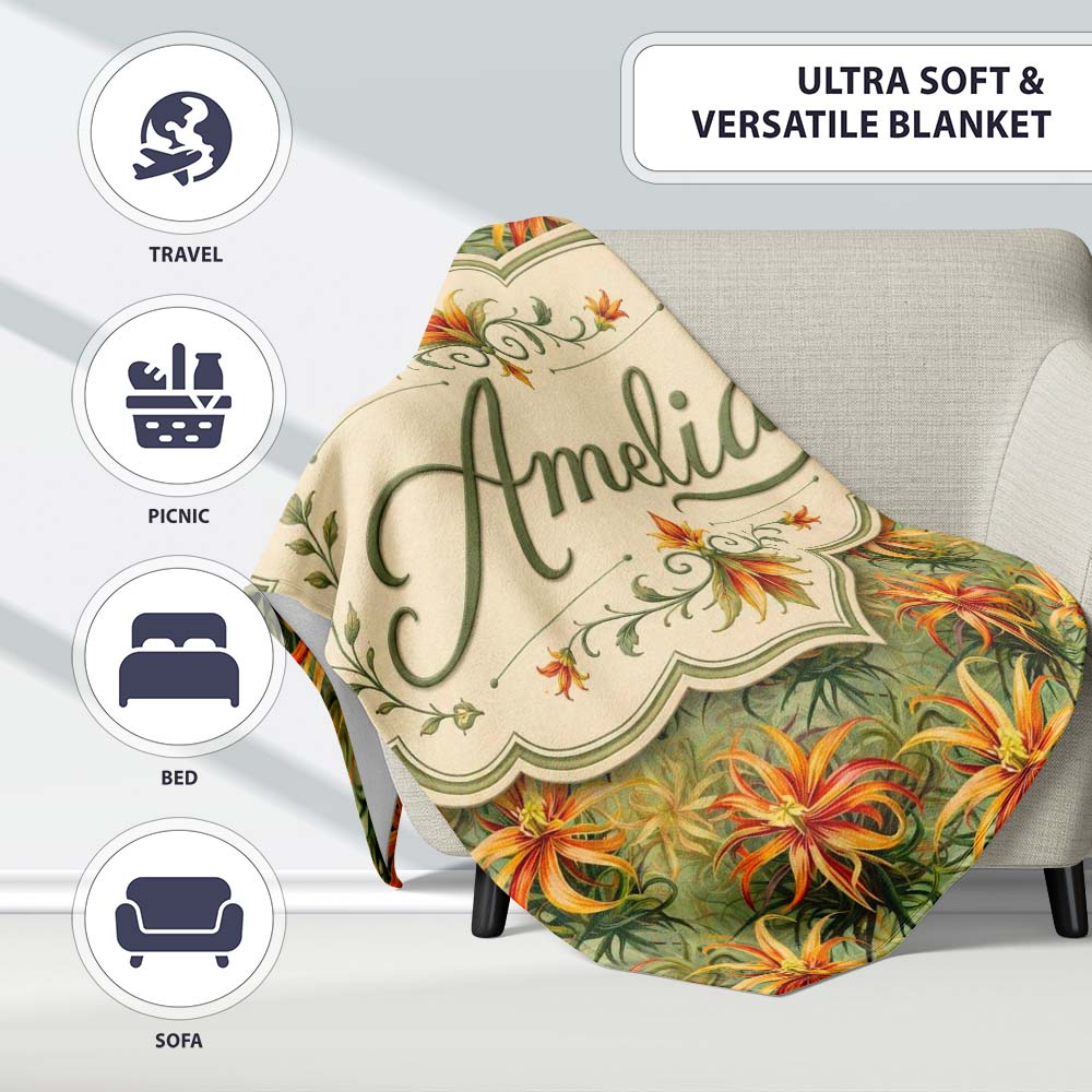 Vibrant Tropical Lily Floral Garden Seamless Pattern Design Lovely Personalised Custom Name Super Soft Fleece Blanket Bed Sofa Throw