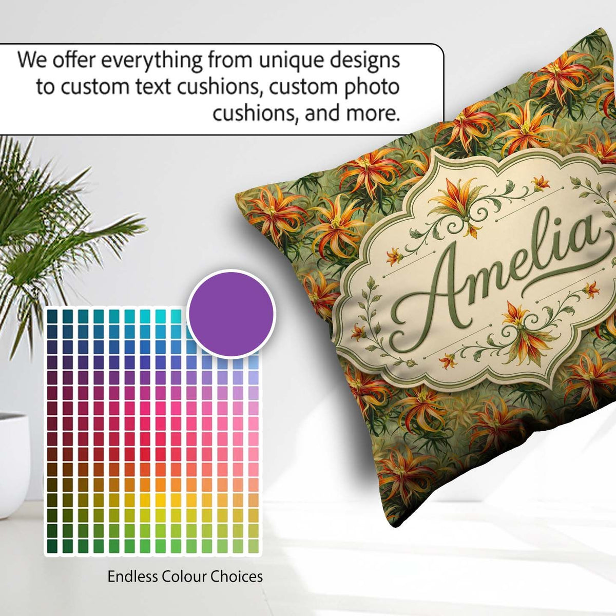 Custom Name Vibrant Tropical Lily Floral Garden Seamless Pattern Square Filled Cushion Throw Pillow Sofa Bed Home Decor Zip Washable UK Made