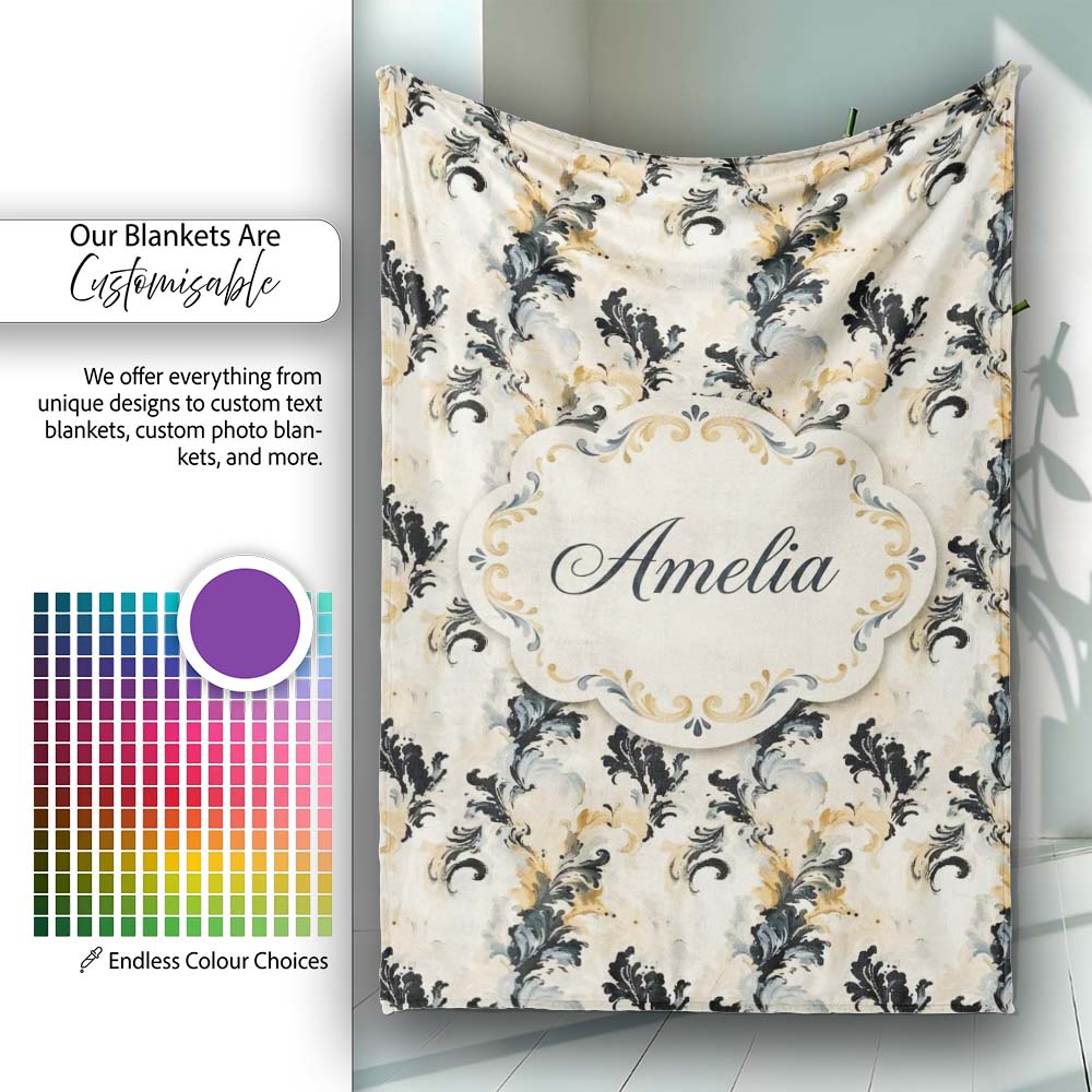 Classic Beige Black Ornamental Damask Seamless Pattern Vintage Personalised Custom Name Super Soft Fleece Blanket Bed Sofa Throw