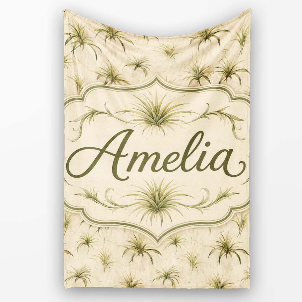 Minimal Beige Air Plant Botanical Seamless Pattern Design Lovely Personalised Custom Name Super Soft Fleece Blanket Bed Sofa Throw