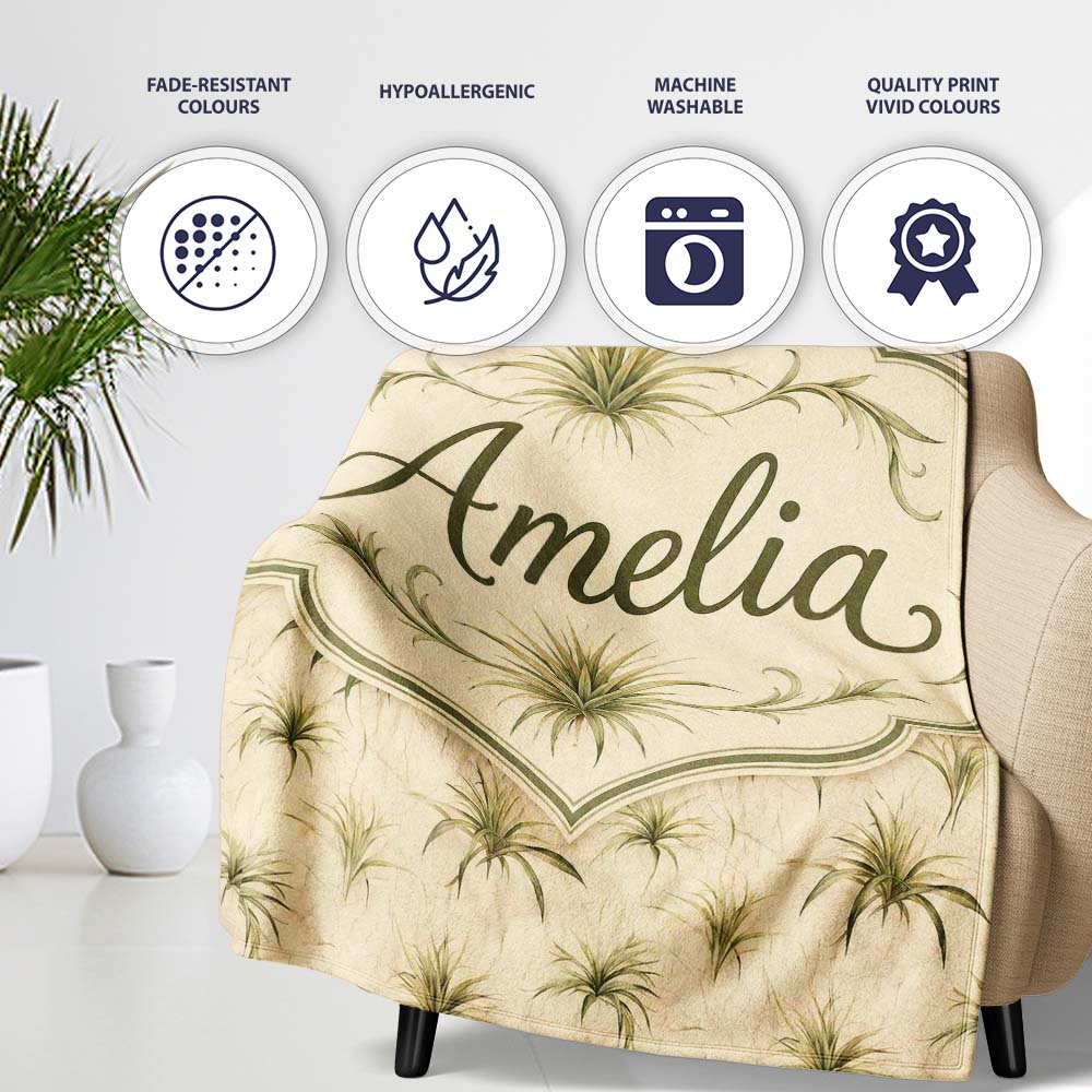 Minimal Beige Air Plant Botanical Seamless Pattern Design Lovely Personalised Custom Name Super Soft Fleece Blanket Bed Sofa Throw