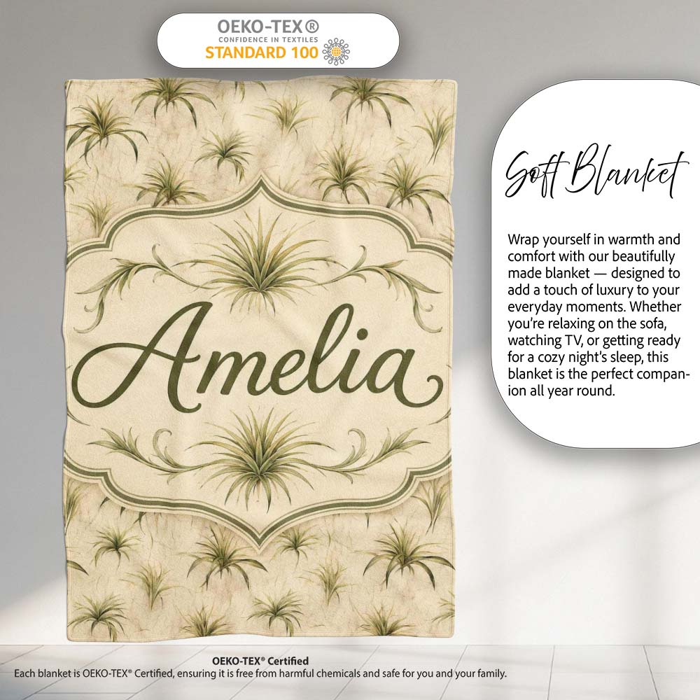 Minimal Beige Air Plant Botanical Seamless Pattern Design Lovely Personalised Custom Name Super Soft Fleece Blanket Bed Sofa Throw