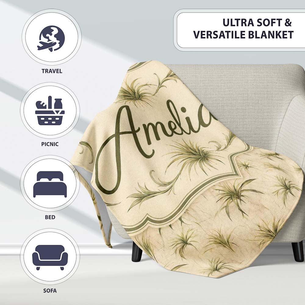 Minimal Beige Air Plant Botanical Seamless Pattern Design Lovely Personalised Custom Name Super Soft Fleece Blanket Bed Sofa Throw