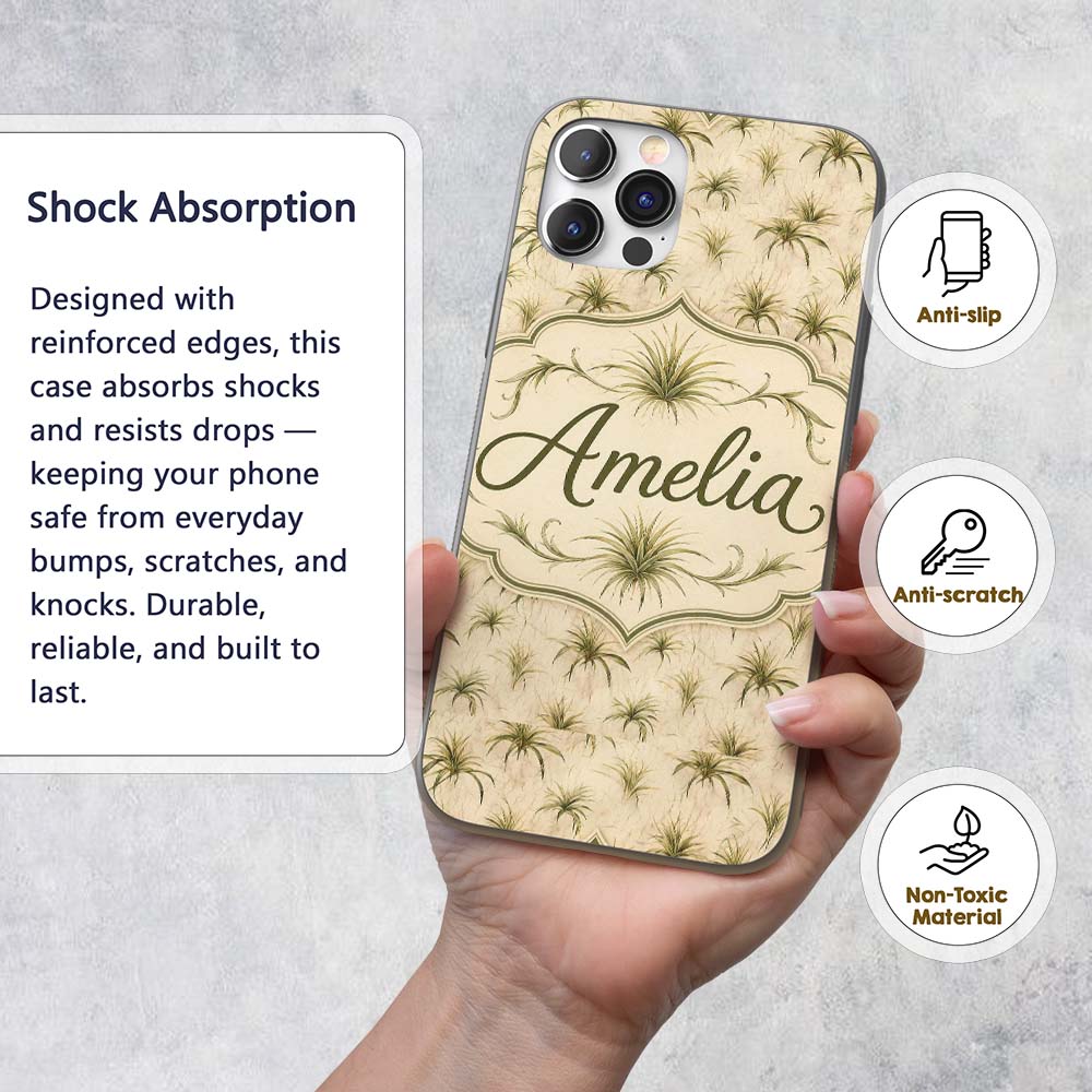 Minimal Beige Air Plant Botanical Printed Design Custom Name Protective Phone Case Mobile Cover Durable Everyday Smartphone Shock Resistant