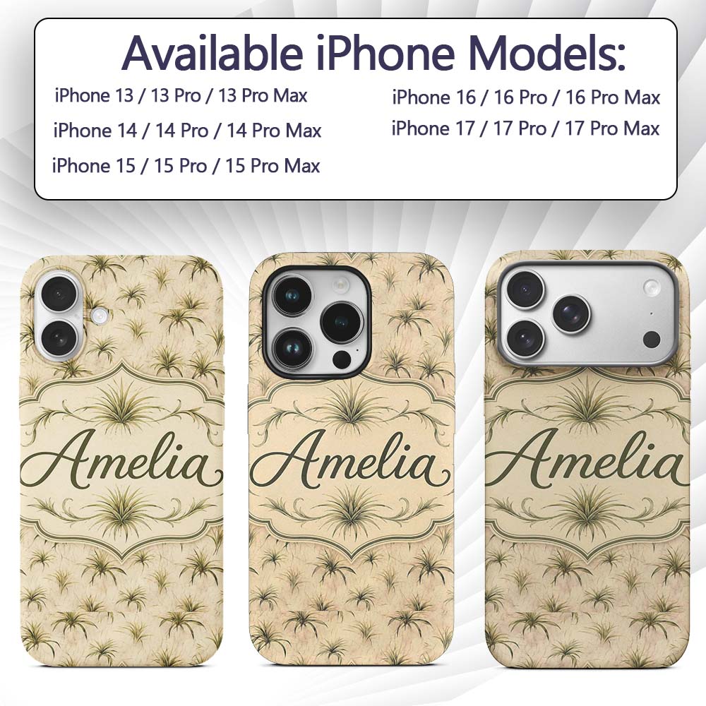 Minimal Beige Air Plant Botanical Printed Design Custom Name Protective Phone Case Mobile Cover Durable Everyday Smartphone Shock Resistant