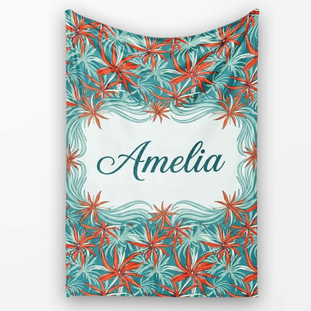 Bold Red Floral Starburst Teal Background Seamless Pattern Lovely Personalised Custom Name Super Soft Fleece Blanket Bed Sofa Throw