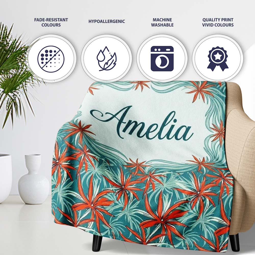 Bold Red Floral Starburst Teal Background Seamless Pattern Lovely Personalised Custom Name Super Soft Fleece Blanket Bed Sofa Throw