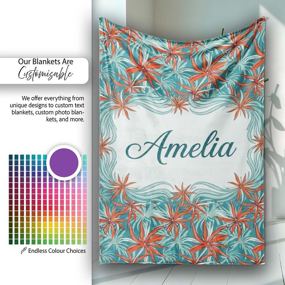 Bold Red Floral Starburst Teal Background Seamless Pattern Lovely Personalised Custom Name Super Soft Fleece Blanket Bed Sofa Throw