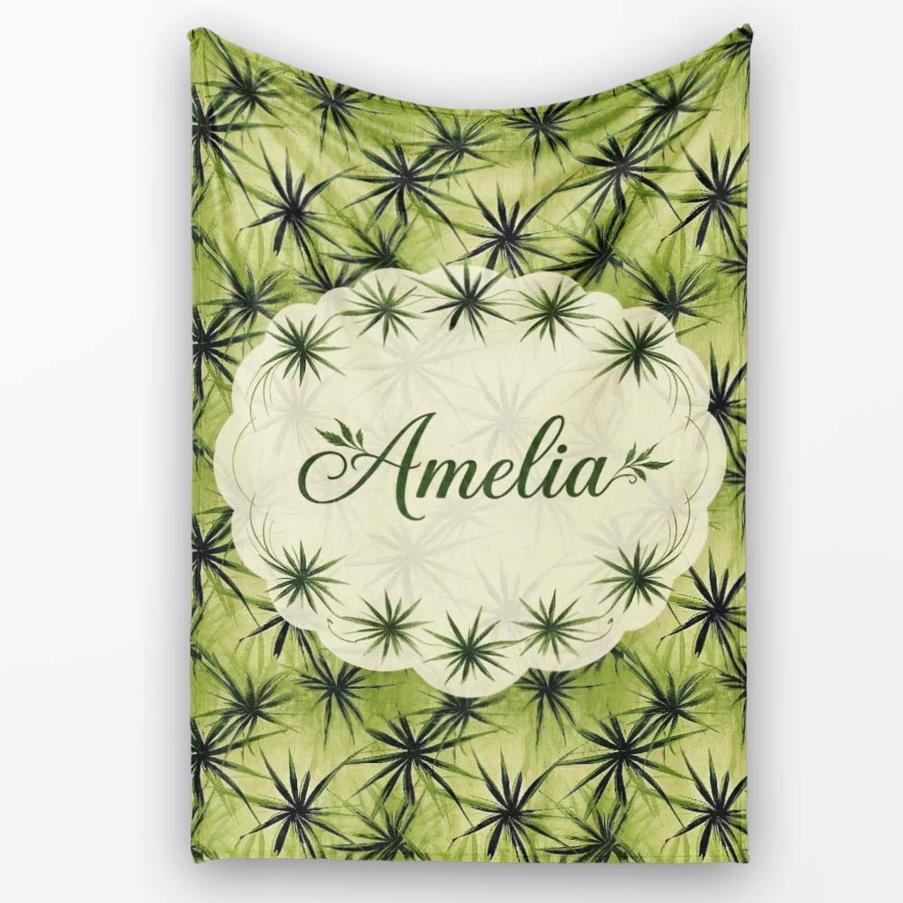 Dark Green Spiky Leaf Botanical Seamless Pattern Design Lovely Personalised Custom Name Super Soft Fleece Blanket Bed Sofa Throw