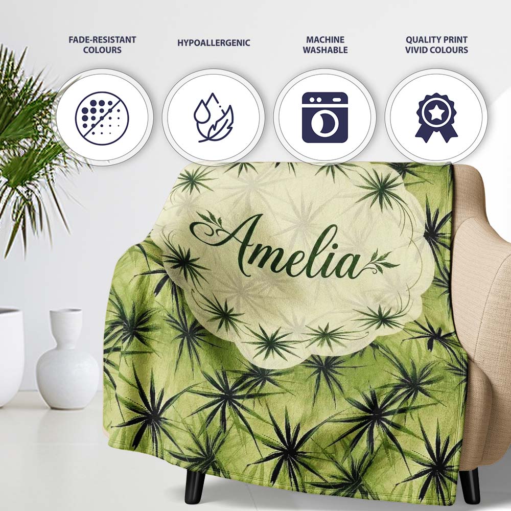 Dark Green Spiky Leaf Botanical Seamless Pattern Design Lovely Personalised Custom Name Super Soft Fleece Blanket Bed Sofa Throw