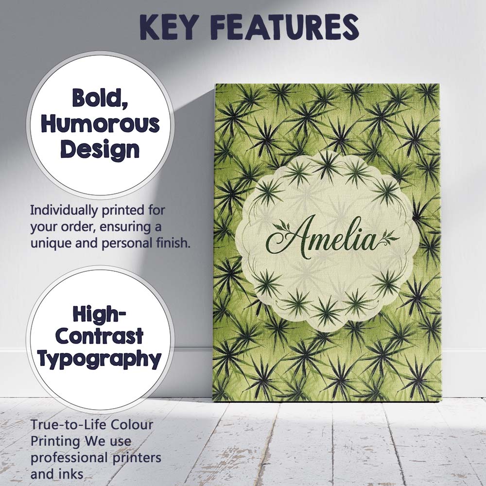 Personalised Name Dark Green Spiky Leaf Custom Modern Room Accent Elegant Feature Canvas Wall Art Print Decor Picture Ready to Hang