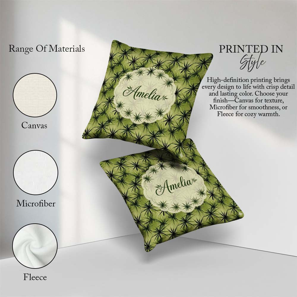 Custom Name Dark Green Spiky Leaf Seamless Pattern Design Lovely Square Filled Cushion Throw Pillow Sofa Bed Home Decor Zip Washable UK Made