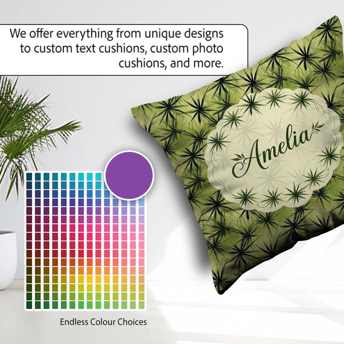Custom Name Dark Green Spiky Leaf Seamless Pattern Design Lovely Square Filled Cushion Throw Pillow Sofa Bed Home Decor Zip Washable UK Made