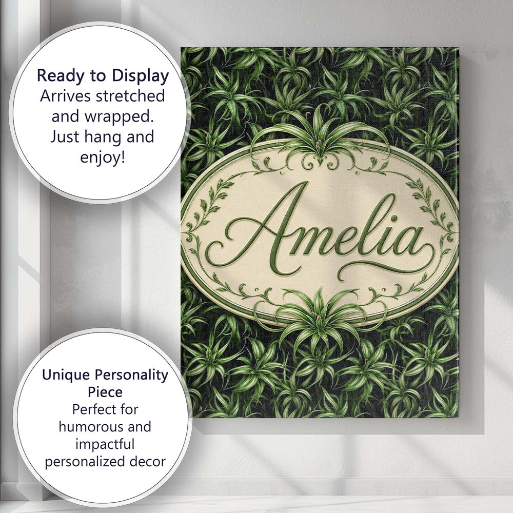 Personalised Name Dark Green Spider Plant Custom Unique Gift Idea Elegant Feature Canvas Wall Art Print Decor Picture Ready to Hang