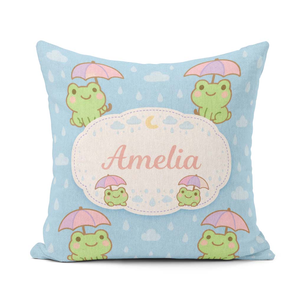 Custom Name Frog Umbrella Rain Cartoon Animal Pattern Everyday Square Filled Cushion Throw Pillow Sofa Bed Home Decor Zip Washable UK Made