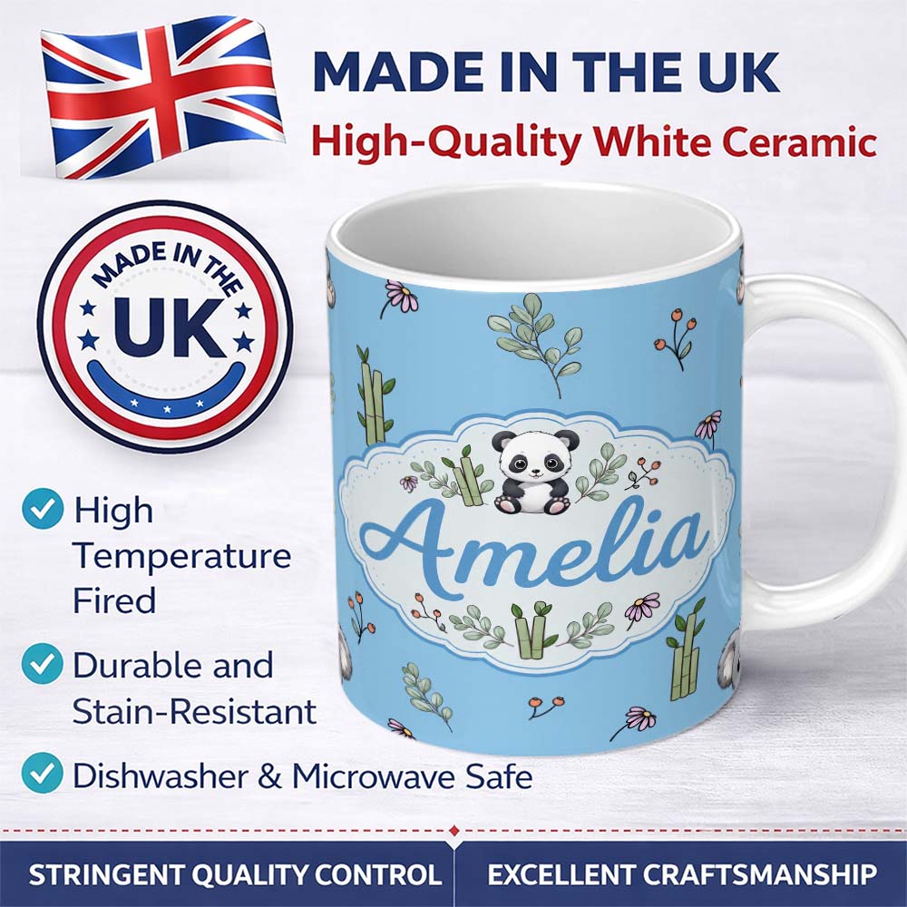 Personalized Custom Name Cute Panda Bamboo and Floral Minimal Seamless Pattern on Sky Blue 11oz Ceramic Coffee Tea Mug White Large Handle