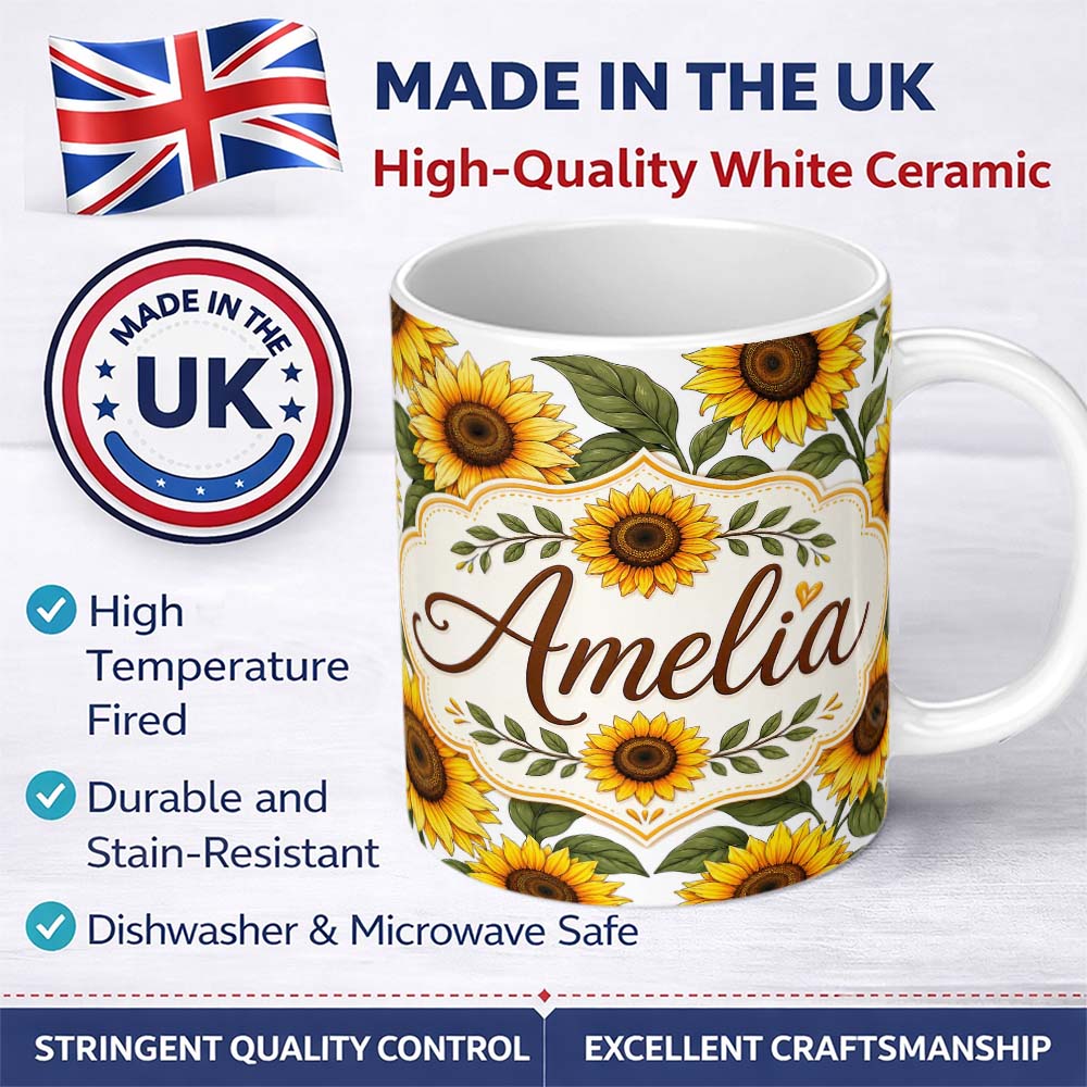 Personalized Custom Name Bright Yellow Sunflower White Background Seamless Pattern Custom 11oz Ceramic Coffee Tea Mug White Large Handle
