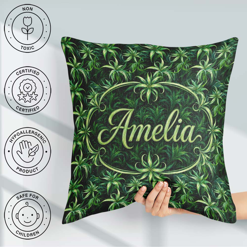Custom Name Lush Tropical Green Foliage Botanical Jungle Pattern Square Filled Cushion Throw Pillow Sofa Bed Home Decor Zip Washable UK Made