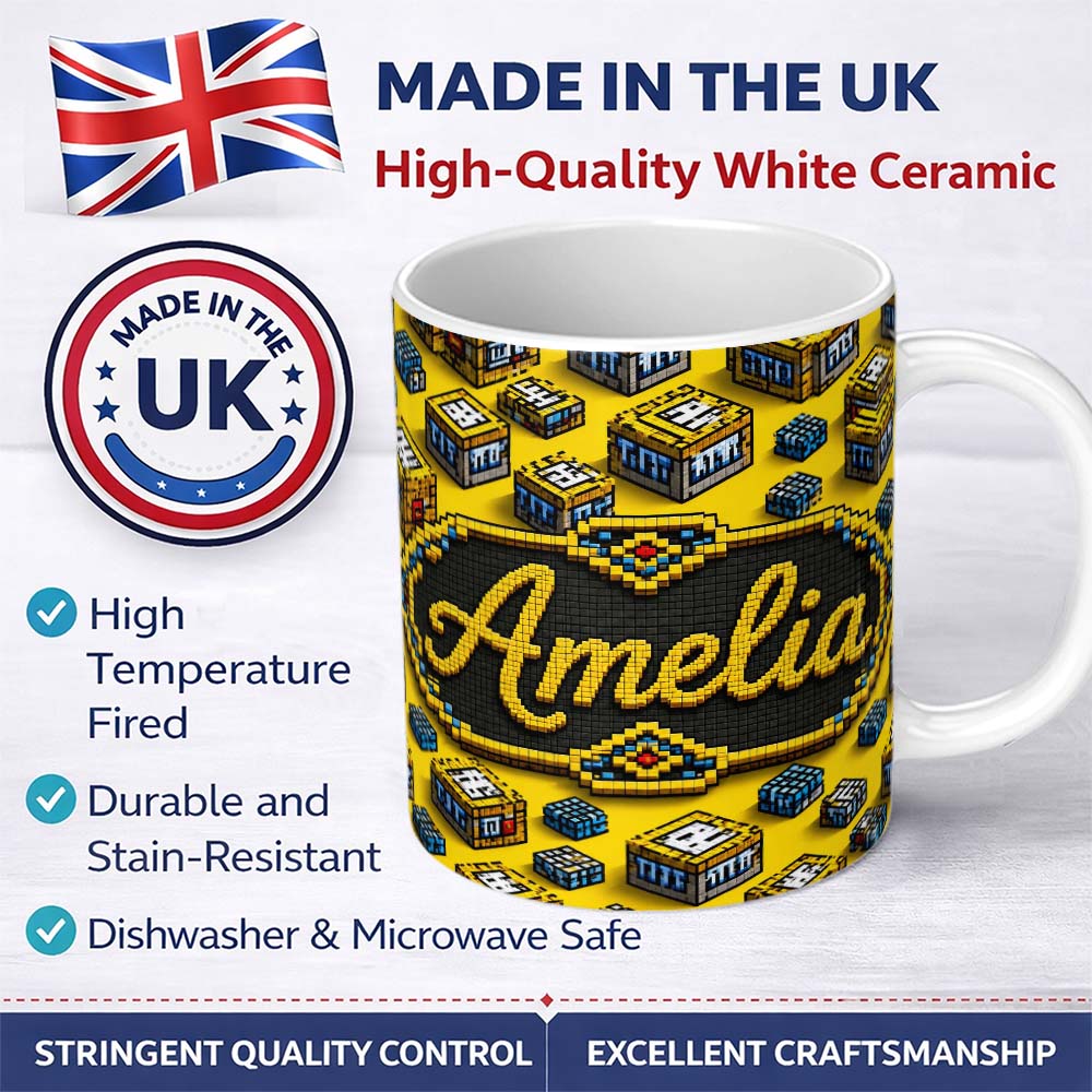 Personalized Custom Name Yellow Gaming Pixel TNT Block Cube Seamless Pattern Cute Unique Gift 11oz Ceramic Coffee Tea Mug White Large Handle