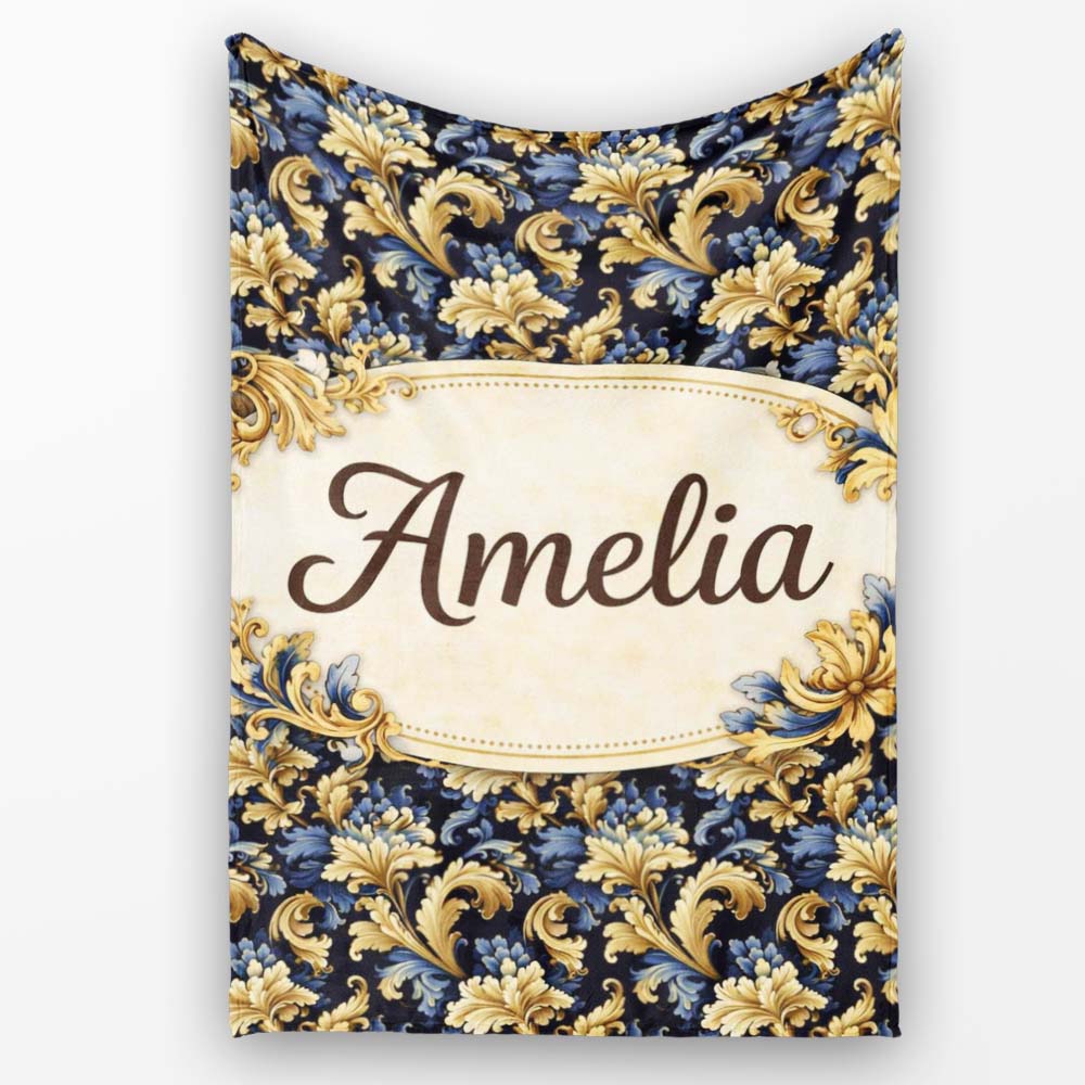 Blue Gold Baroque Floral Seamless Pattern Luxury Vintage Ornamental Personalised Custom Name Super Soft Fleece Blanket Bed Sofa Throw