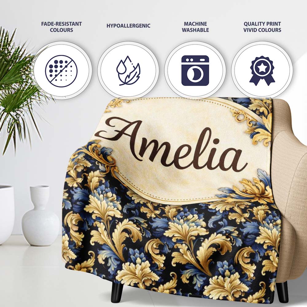 Blue Gold Baroque Floral Seamless Pattern Luxury Vintage Ornamental Personalised Custom Name Super Soft Fleece Blanket Bed Sofa Throw
