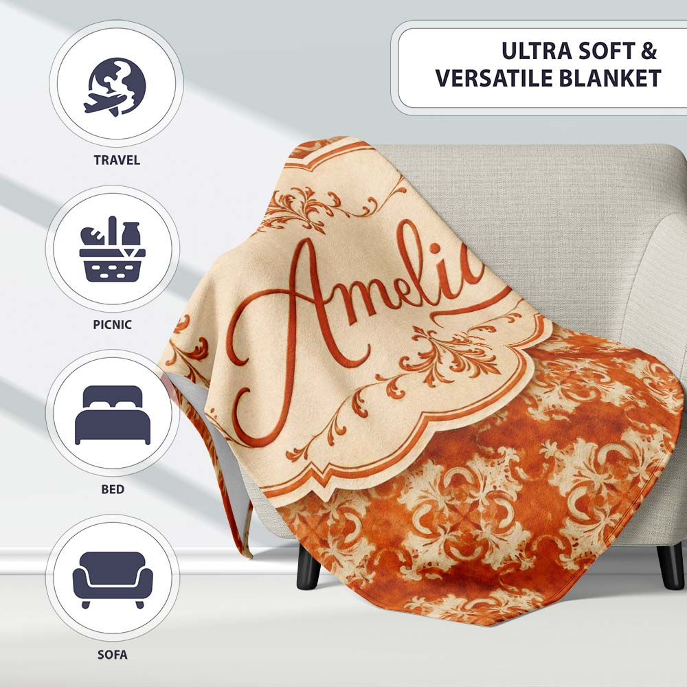 Vintage Orange Damask Ornamental Texture Seamless Pattern Design Personalised Custom Name Super Soft Fleece Blanket Bed Sofa Throw