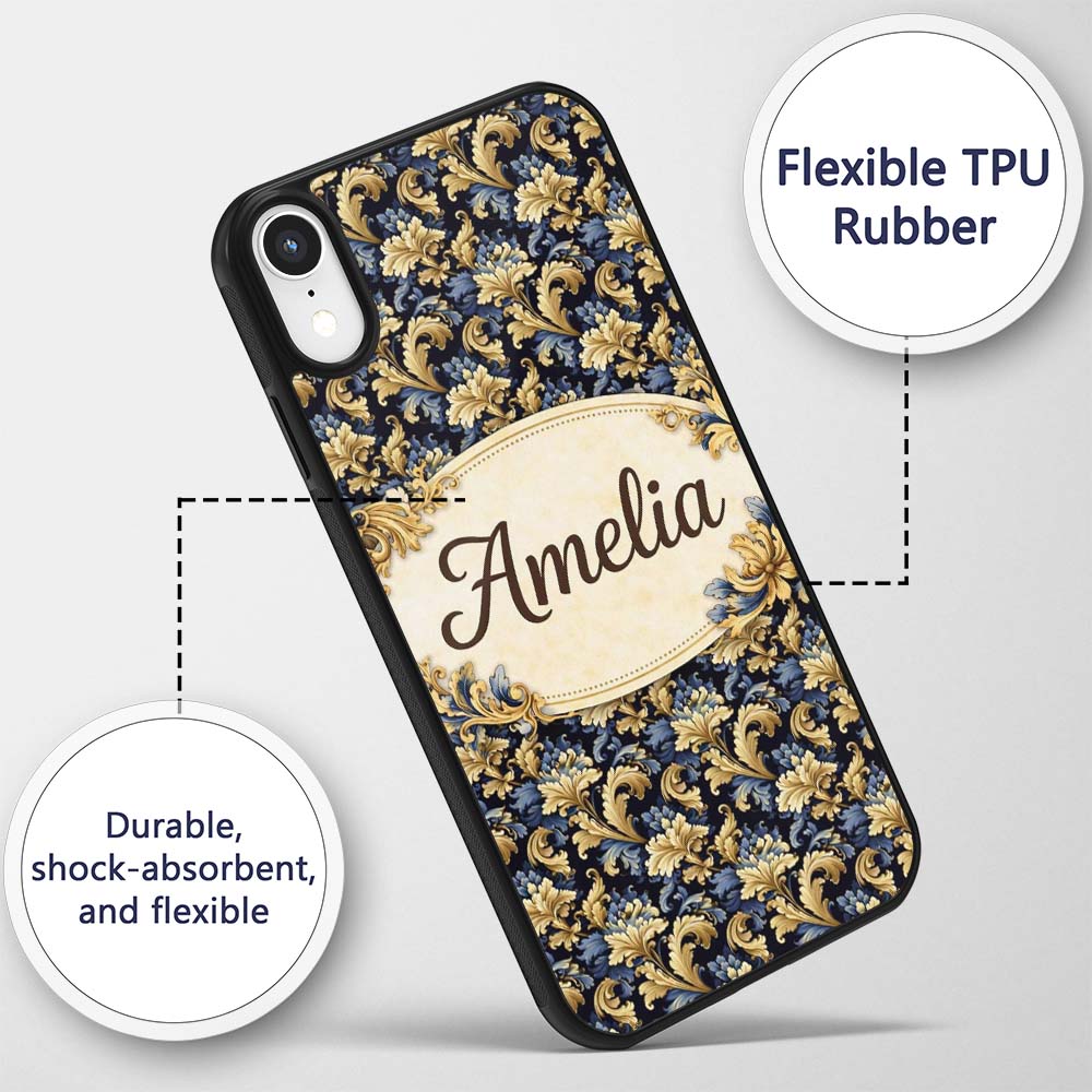 Blue Gold Baroque Floral Seamless Pattern Luxury Custom Name Protective Phone Case Mobile Cover Durable Everyday Smartphone Shock Resistant