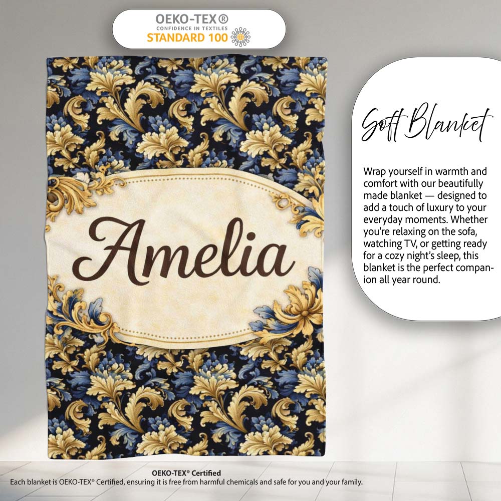Blue Gold Baroque Floral Seamless Pattern Luxury Vintage Ornamental Personalised Custom Name Super Soft Fleece Blanket Bed Sofa Throw