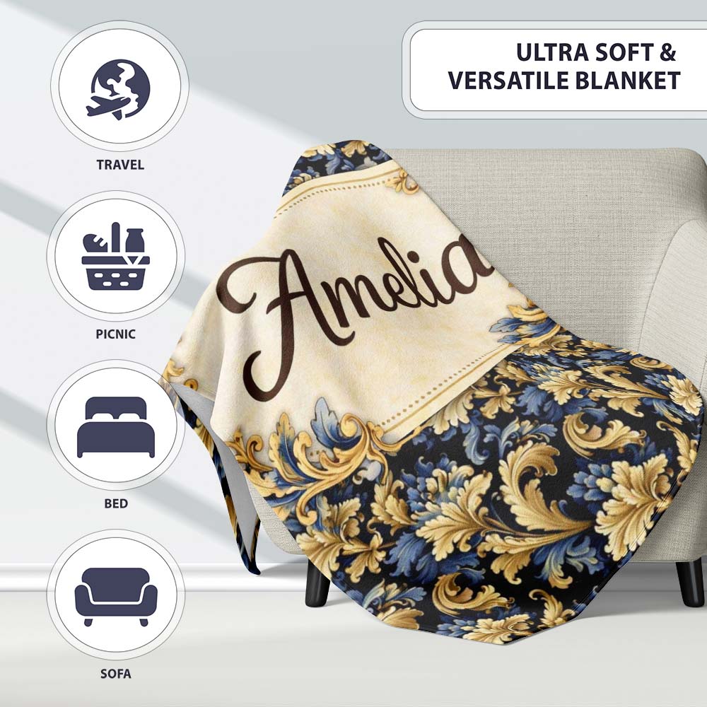 Blue Gold Baroque Floral Seamless Pattern Luxury Vintage Ornamental Personalised Custom Name Super Soft Fleece Blanket Bed Sofa Throw