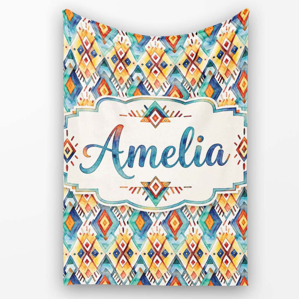 Colorful Diamond Aztec Tribal Watercolor Seamless Pattern Design Personalised Custom Name Super Soft Fleece Blanket Bed Sofa Throw