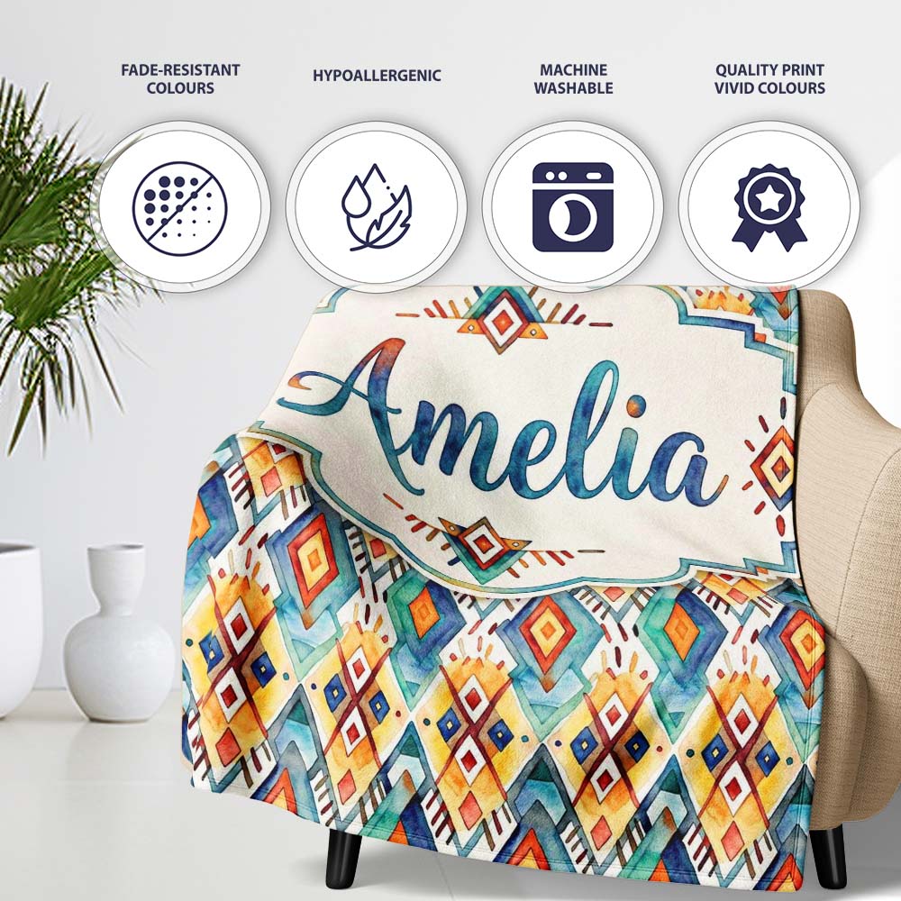 Colorful Diamond Aztec Tribal Watercolor Seamless Pattern Design Personalised Custom Name Super Soft Fleece Blanket Bed Sofa Throw
