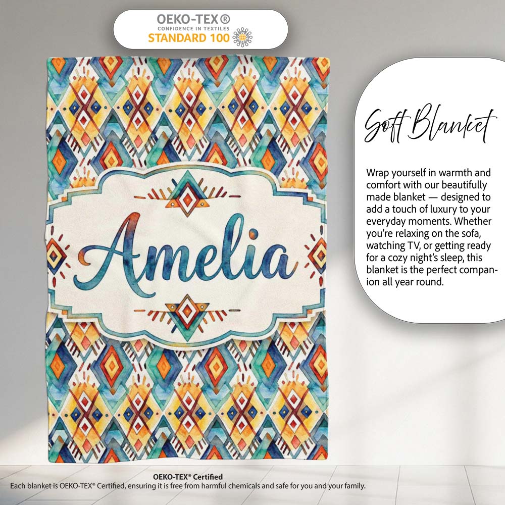 Colorful Diamond Aztec Tribal Watercolor Seamless Pattern Design Personalised Custom Name Super Soft Fleece Blanket Bed Sofa Throw