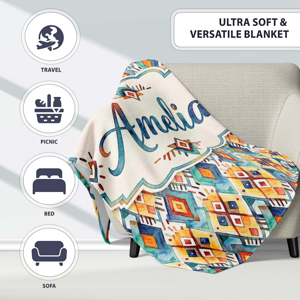Colorful Diamond Aztec Tribal Watercolor Seamless Pattern Design Personalised Custom Name Super Soft Fleece Blanket Bed Sofa Throw