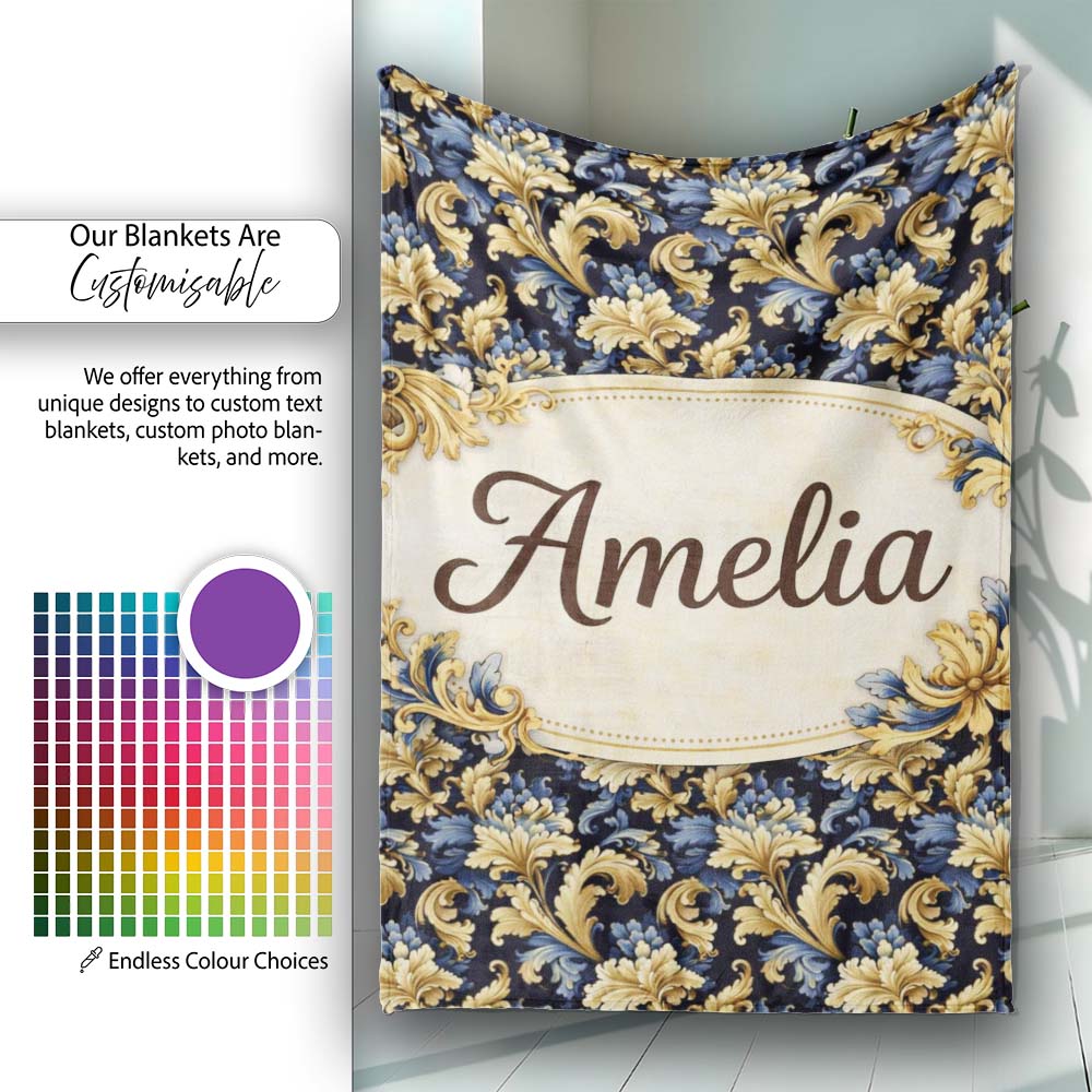 Blue Gold Baroque Floral Seamless Pattern Luxury Vintage Ornamental Personalised Custom Name Super Soft Fleece Blanket Bed Sofa Throw