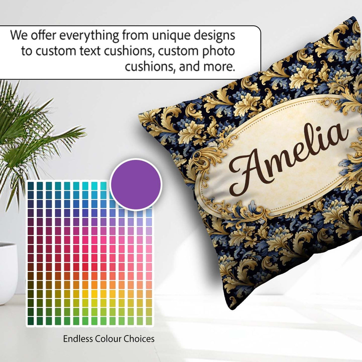 Custom Name Blue Gold Baroque Floral Seamless Pattern Ornamental Square Filled Cushion Throw Pillow Sofa Bed Home Decor Zip Washable UK Made